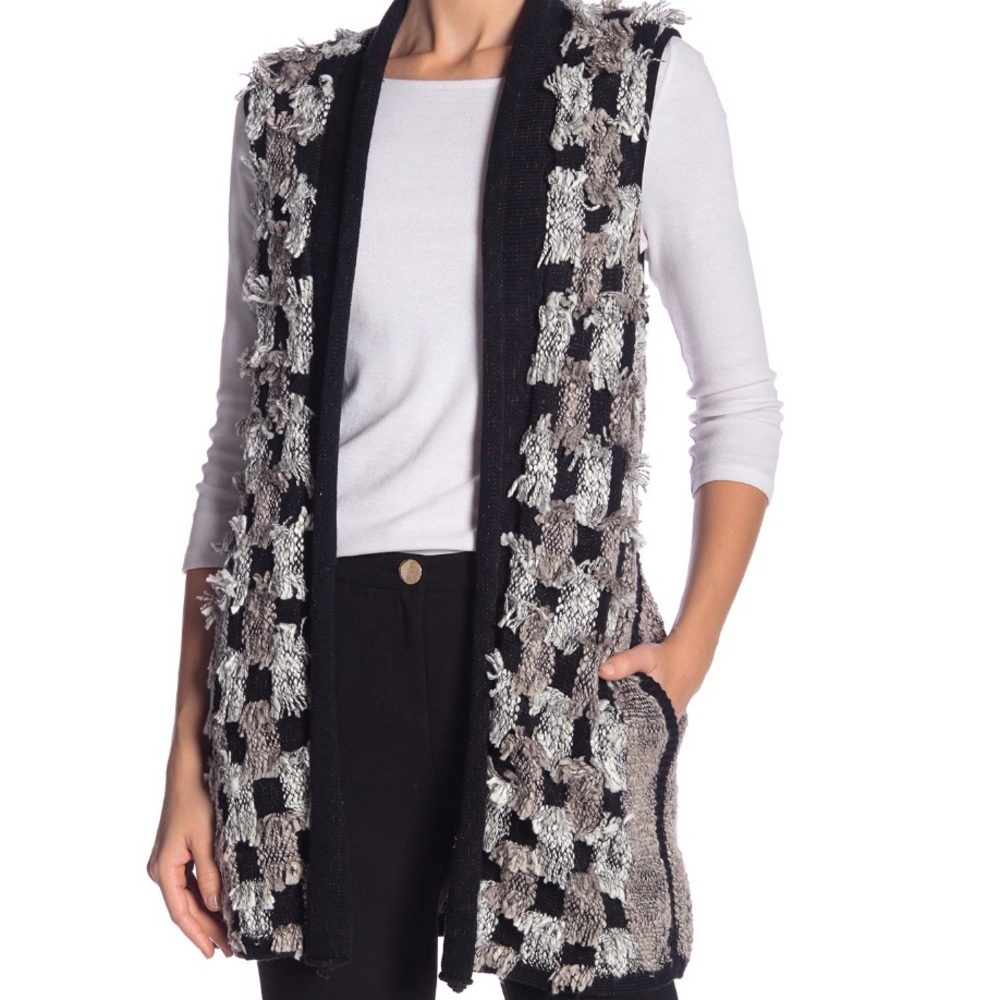 Fringed checkered knit sweater vest